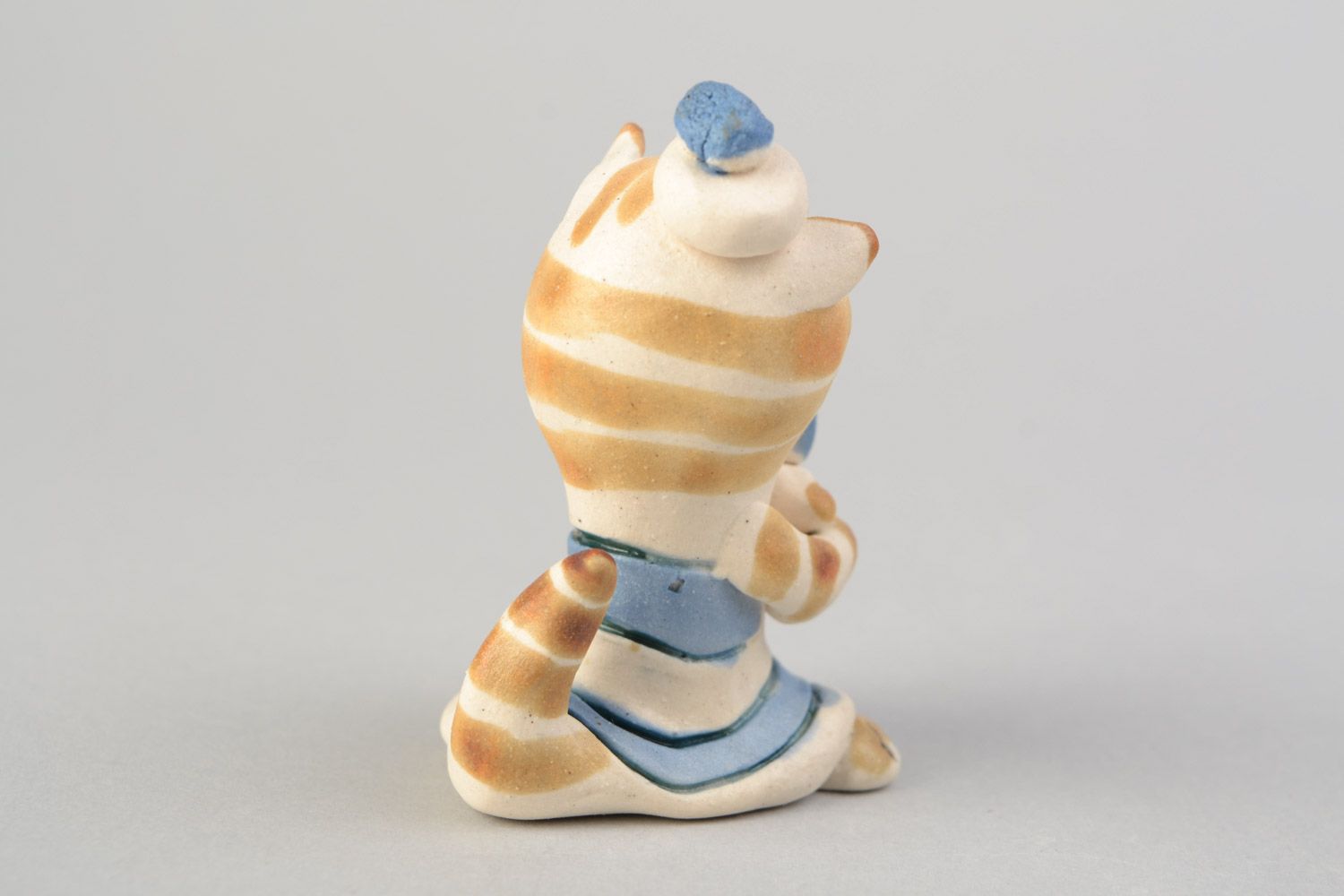 Handmade designer small ceramic figurine of coquettish kitten painted with glaze photo 5