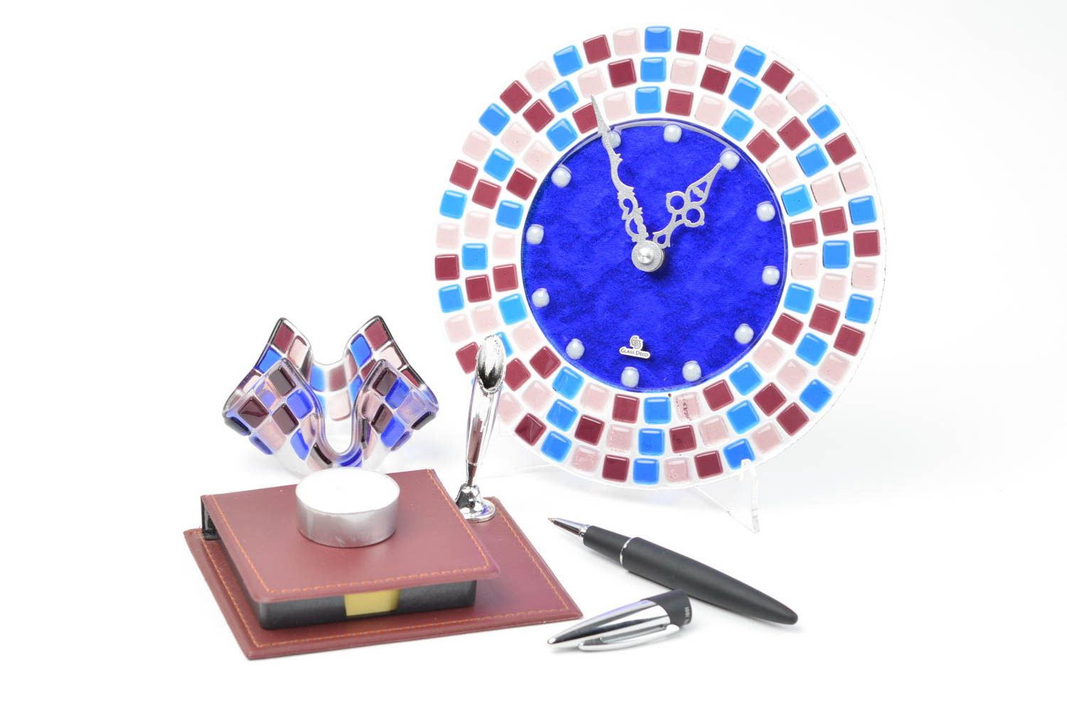 Horloge murale fait main Bougeoir design en verre mosaïque bleue Cadeau original photo 1