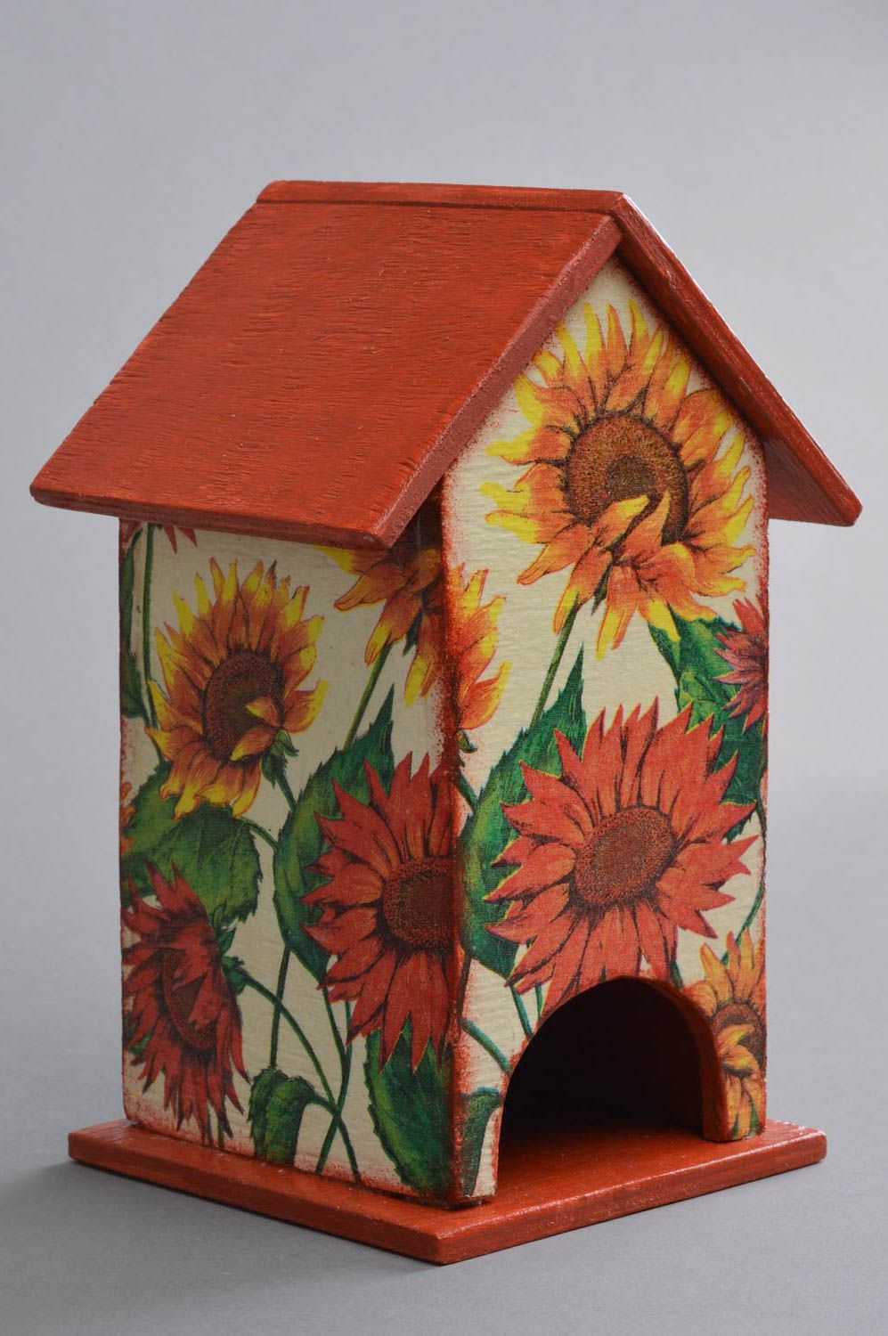 Colorful handmade decoupage house for tea bags with sunflowers photo 1