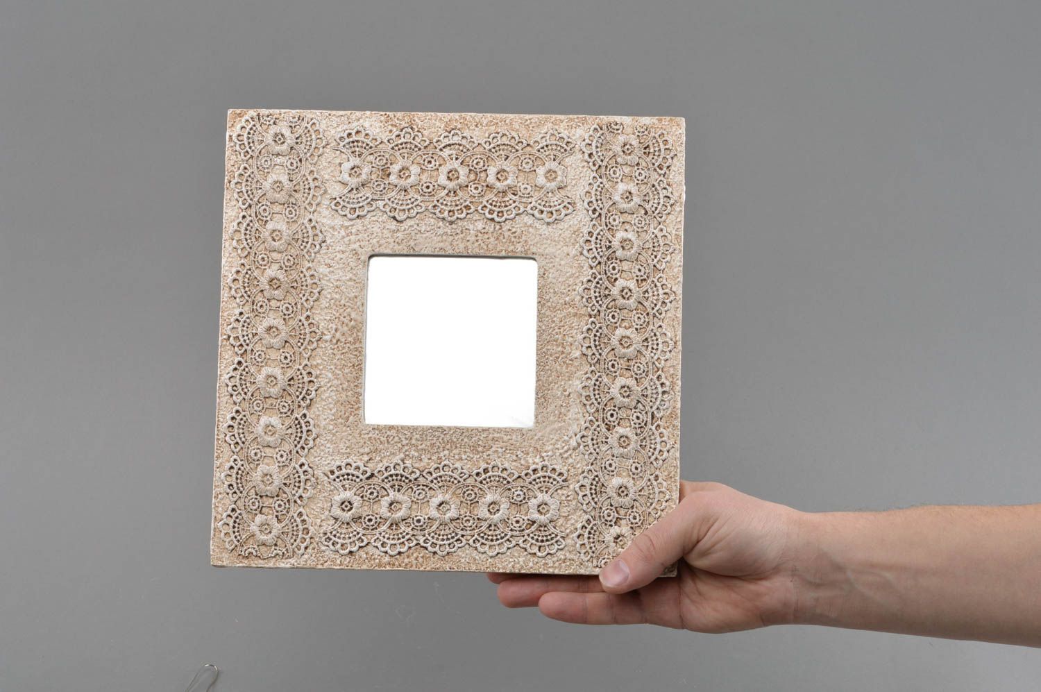Beautiful handmade interior wall mirror in wooden frame square Sicilian lace photo 4