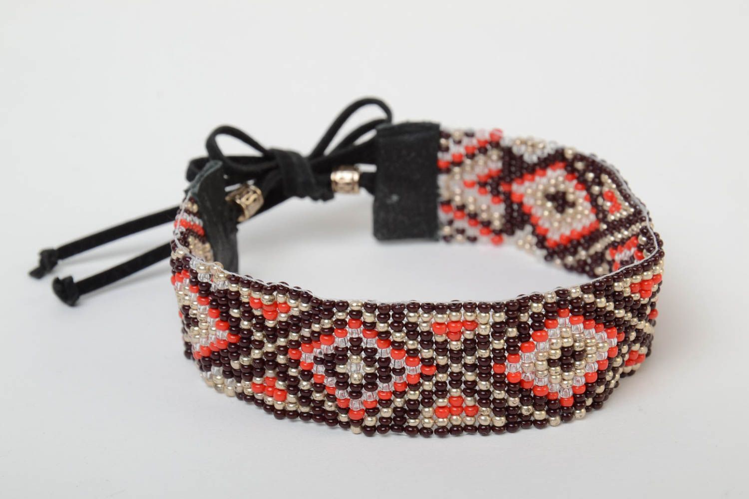 Dark handmade designer beaded wide bracelet with ornament in ethnic style photo 2