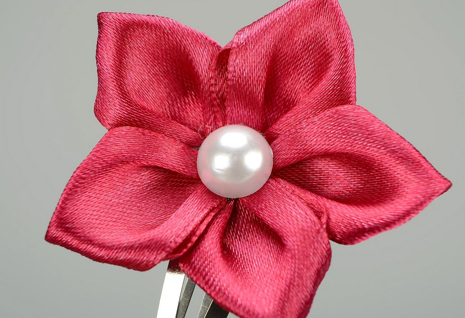 Barrette made of satin and metal Maroon Flower photo 1