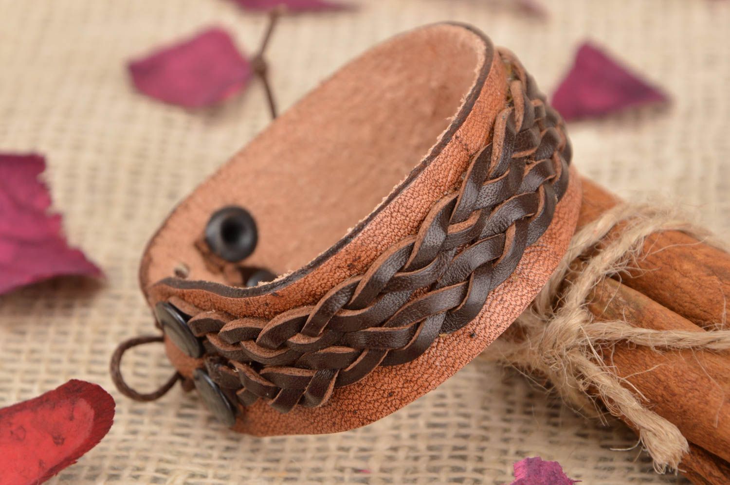 Handmade designer dark brown natural leather wide wrist bracelet with rivets photo 1