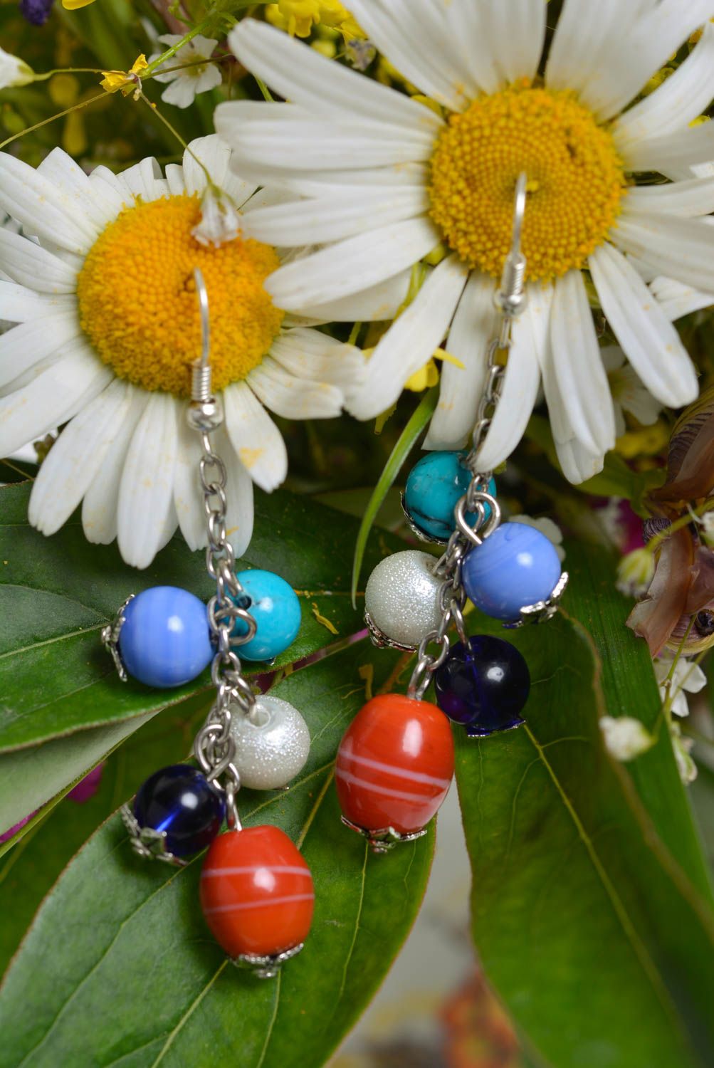 Handmade designer long dangle earrings with ceramic beads colorful photo 2