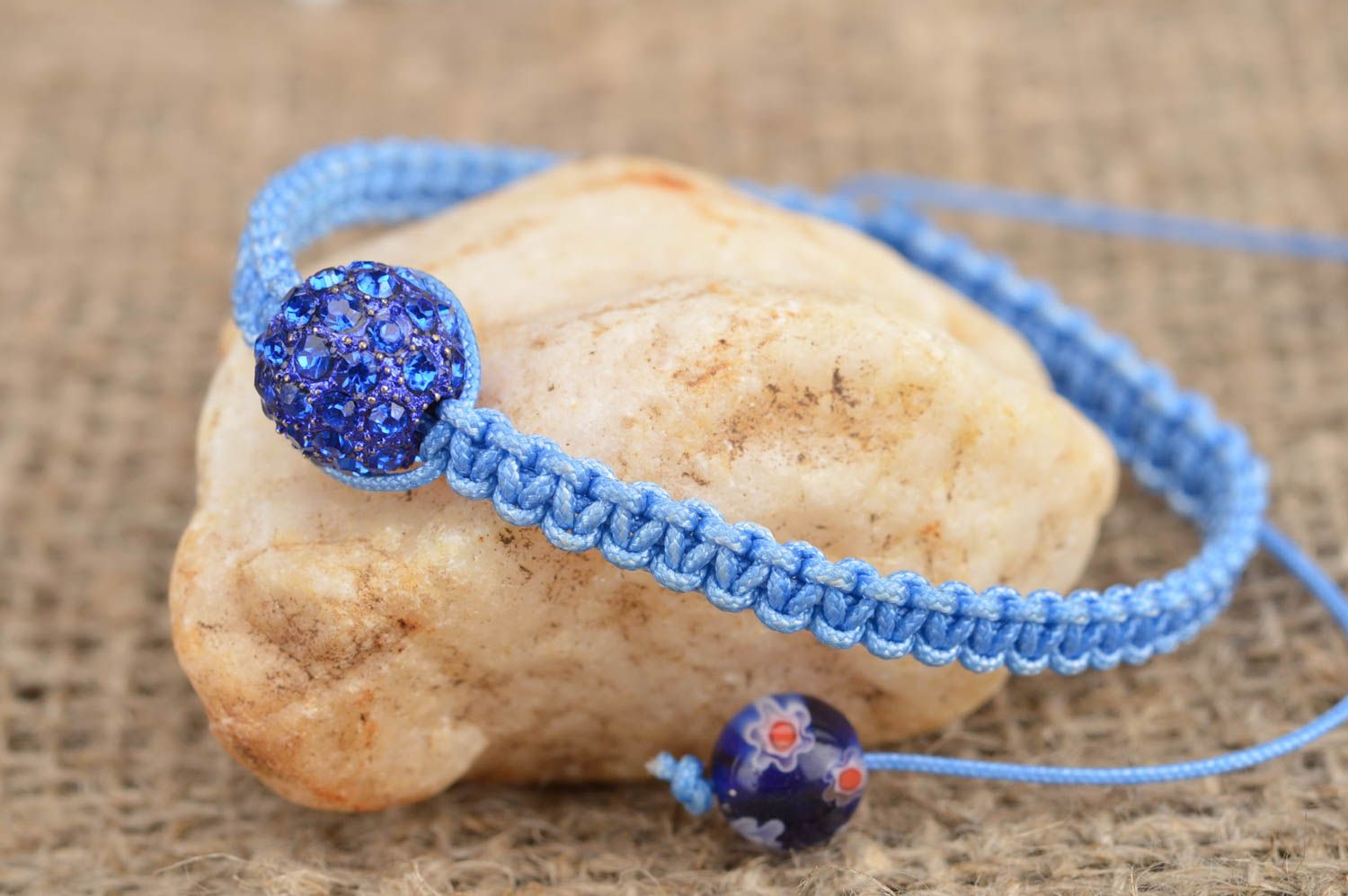 Blue woven adjustable unusual cute wrist bracelet made of laces with bead photo 1