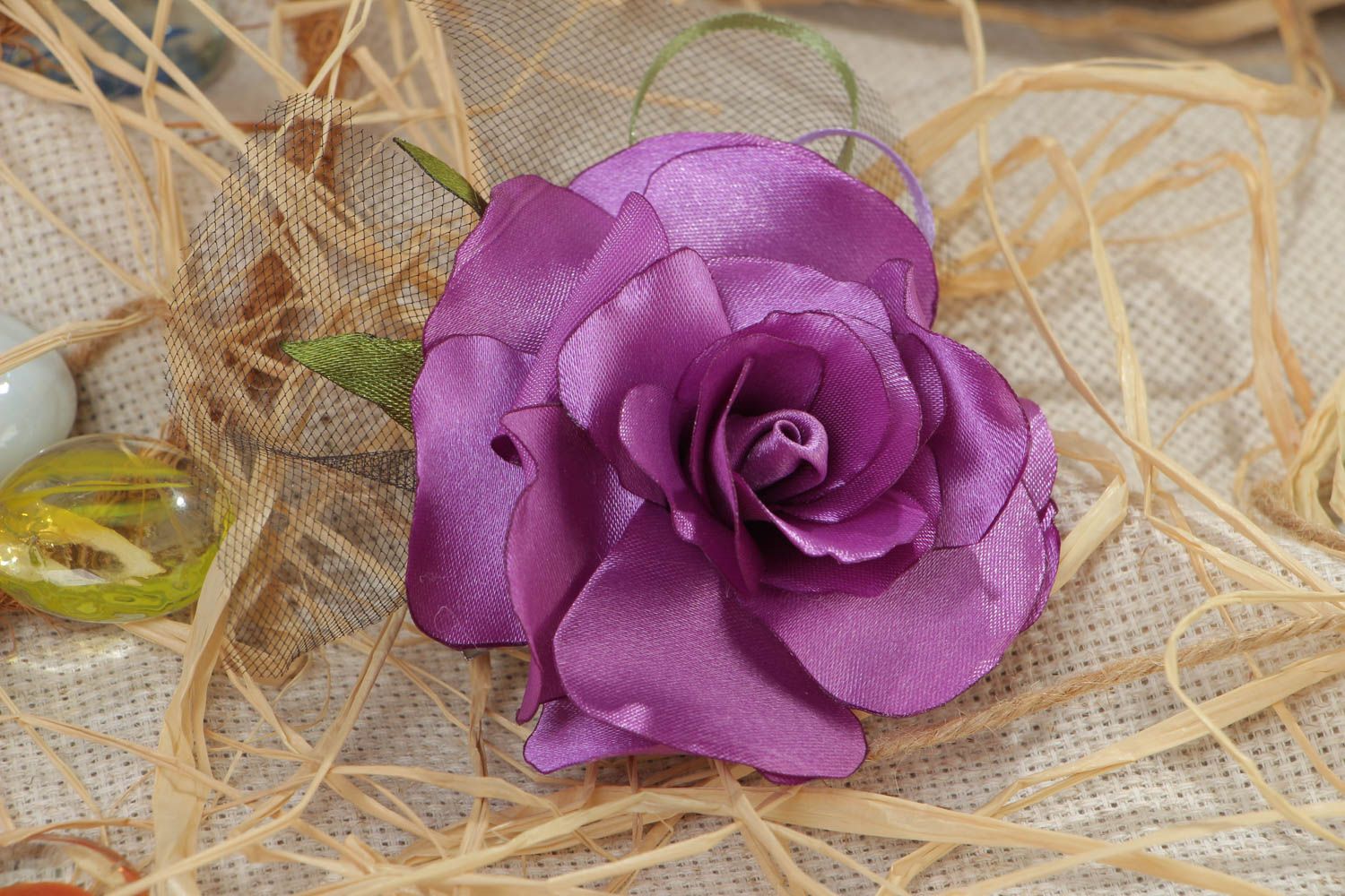Handmade decorative hair clip with large volume satin rose flower of violet color photo 1