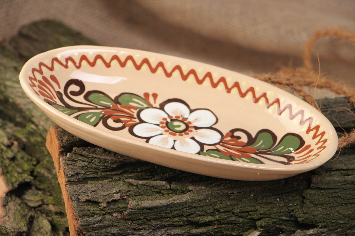 Unusual handmade designer painted ceramic long plate for fish created of red clay photo 1