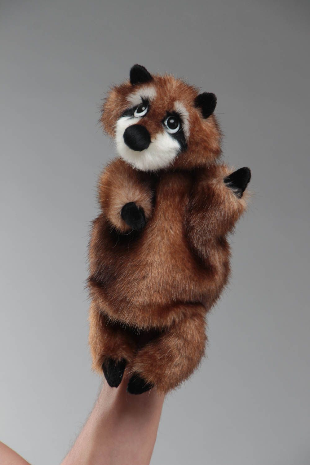 Handmade soft glove toy sewn of faux fur Raccoon for home puppet theater  photo 5