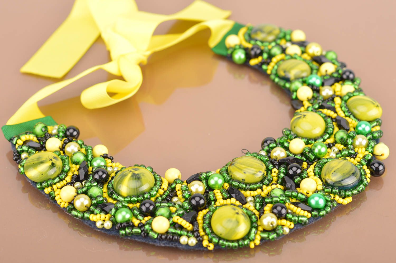 Handmade yellow and green necklace made of large and seed beads on ribbon  photo 2