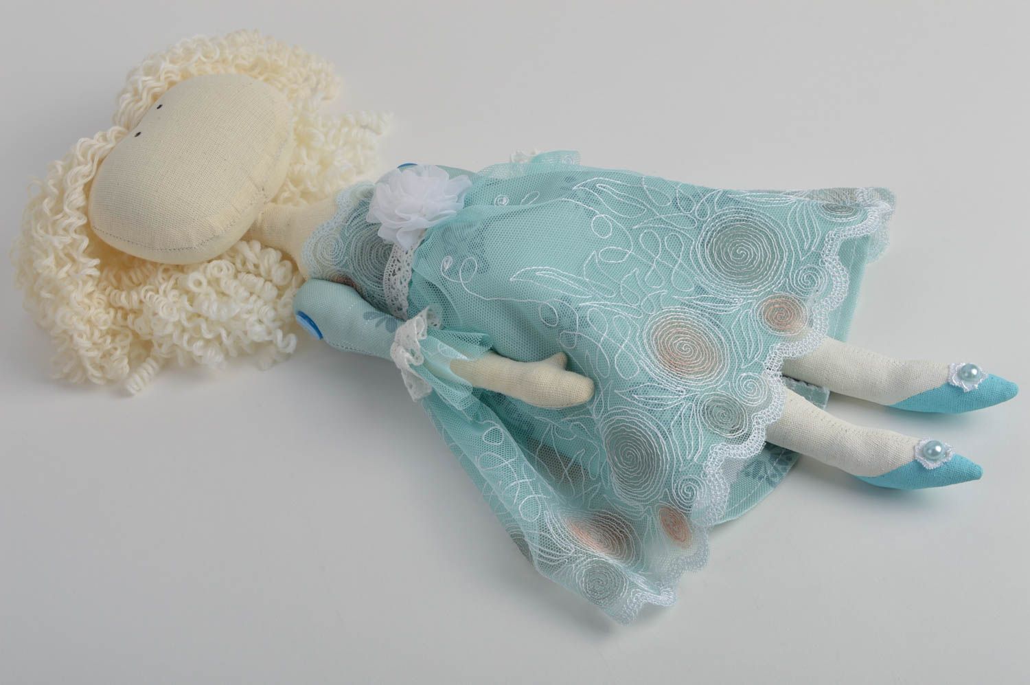 Handmade cute designer interior fabric soft doll blondie in blue dress Adelle photo 3