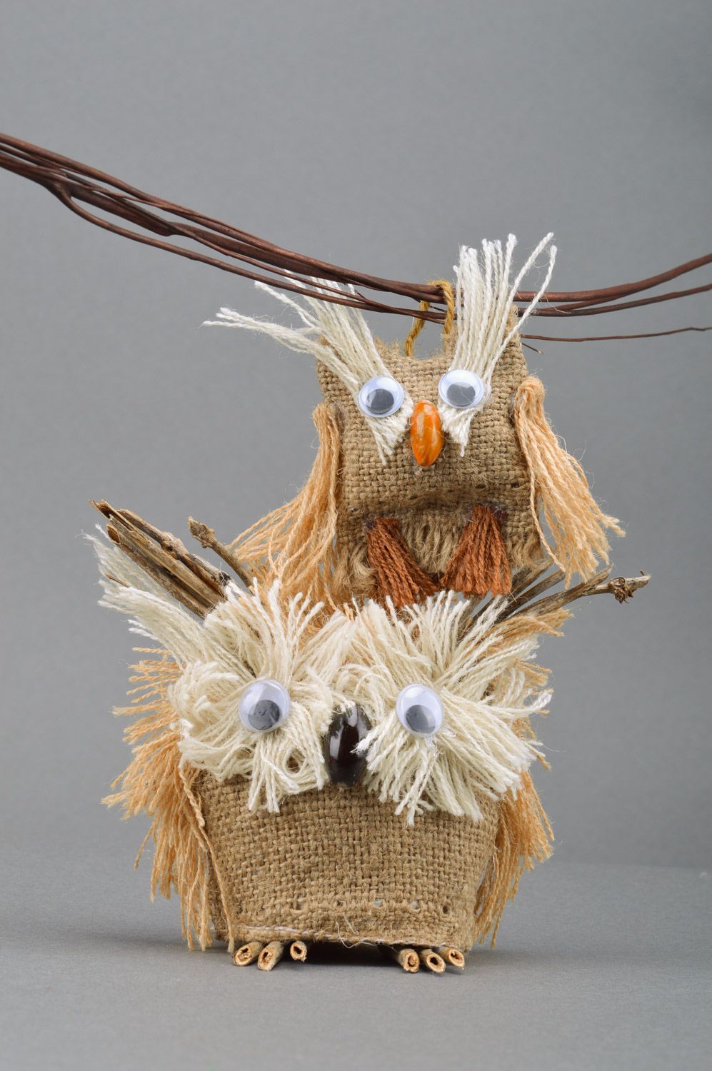Set of 2 handmade souvenir toys sewn of burlap Owl with owlet for interior decor photo 5