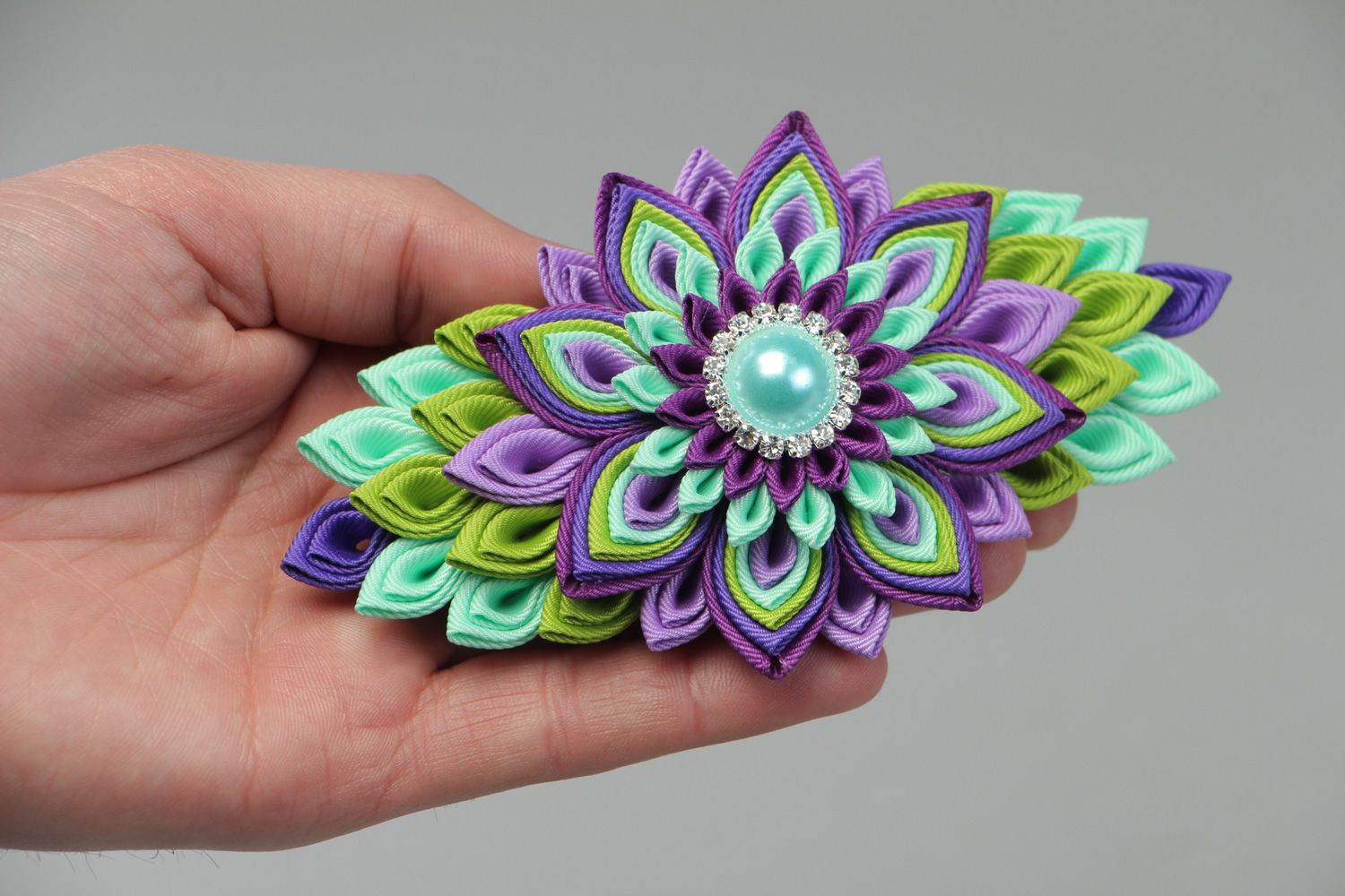 Handmade hair clip created of rep ribbons using kanzashi technique for women photo 4