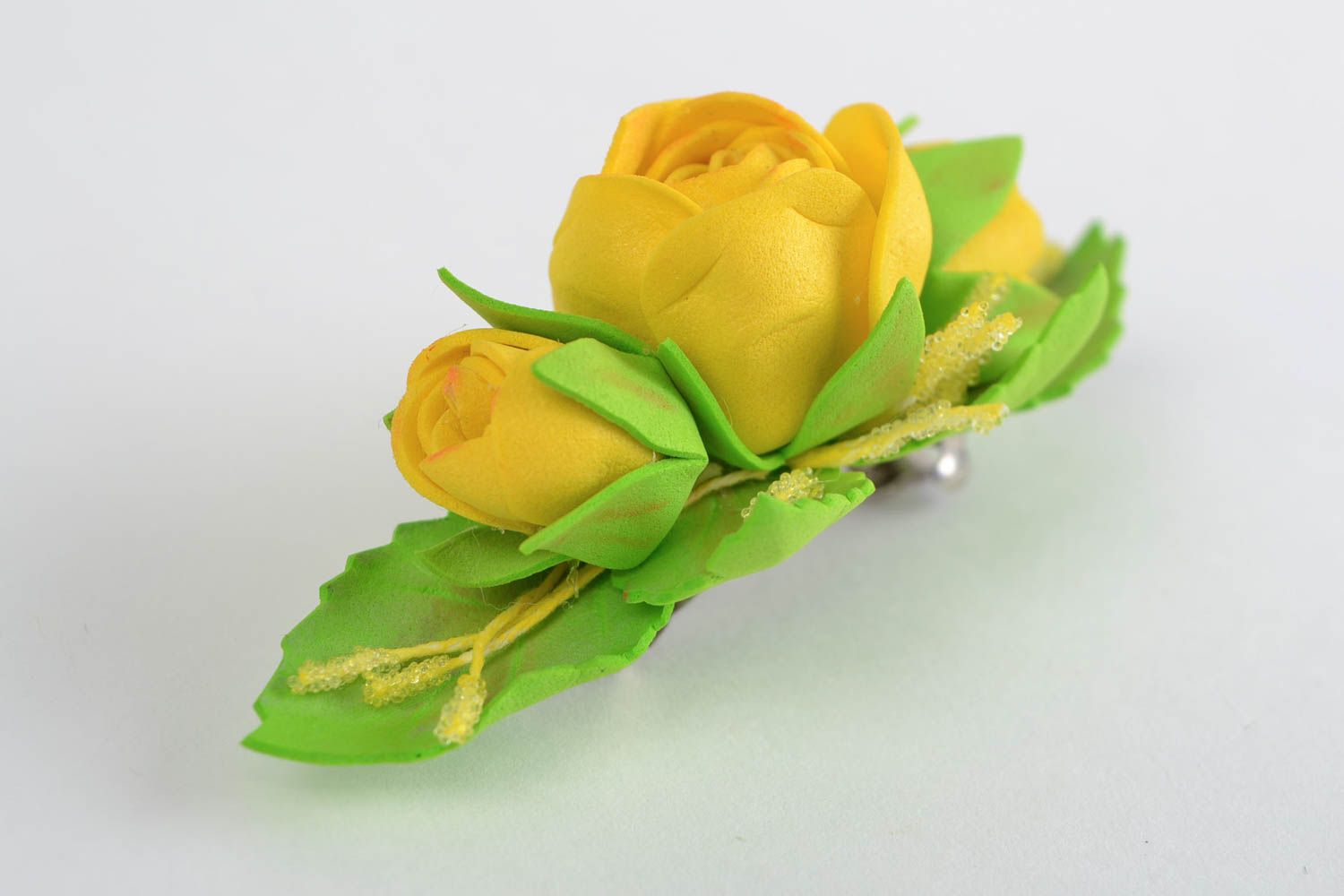 Handmade decorative hairpin made of foamiran with yellow roses  photo 3