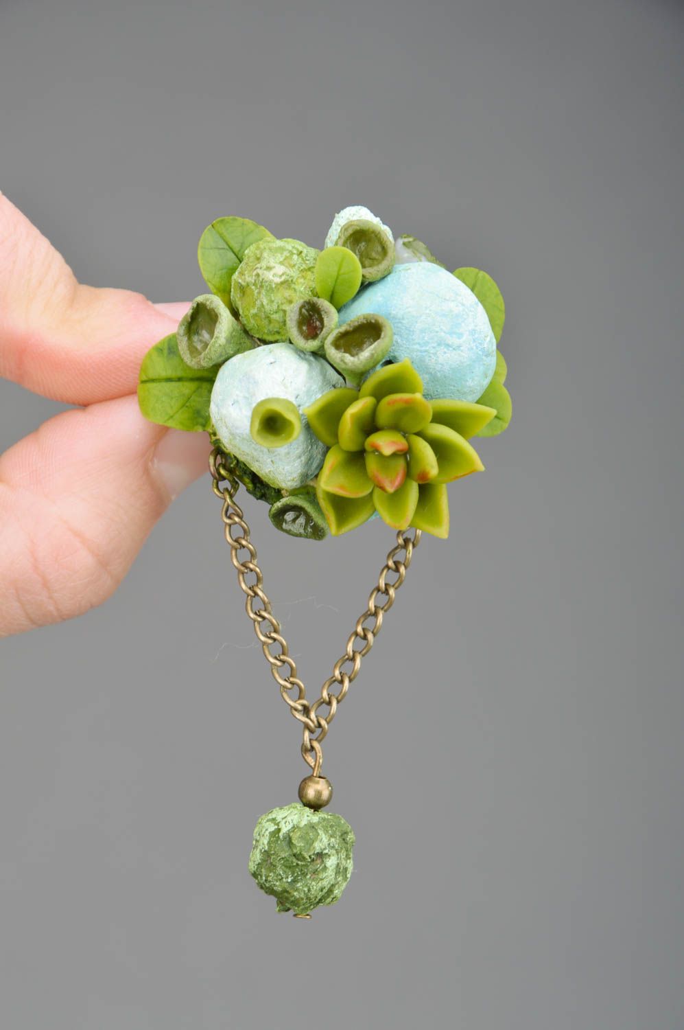 Handmade brooch in the form of a flower made of polymer clay and papier mache  photo 3