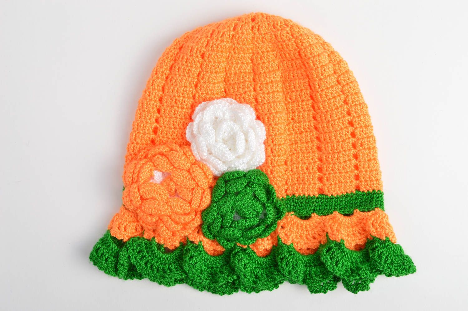 Bonnet tricot fait main Chapeau au crochet Accessoire pour fille orange vert photo 3