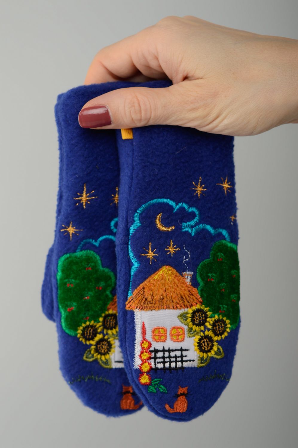 Blue embroidered fleece mittens photo 4