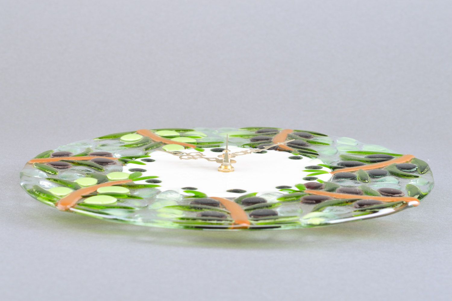 Handmade designer round transparent fusing glass wall clock with green pattern photo 5