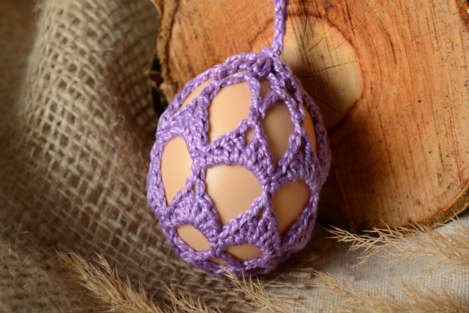 Homemade lilac interior pendant Easter egg woven over with threads photo 1