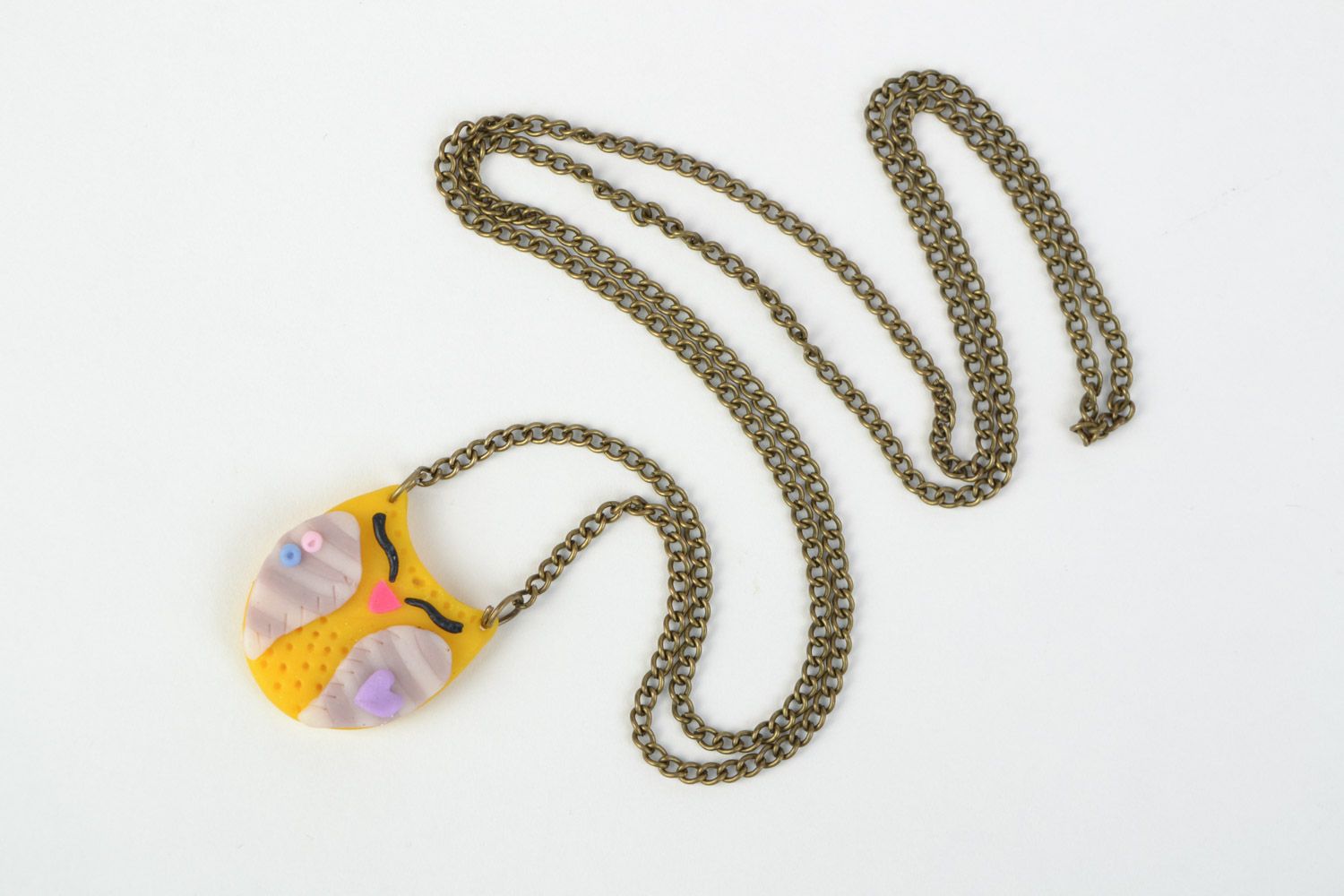 Cute handmade polymer clay neck pendant on long metal chain Yellow Owl photo 3