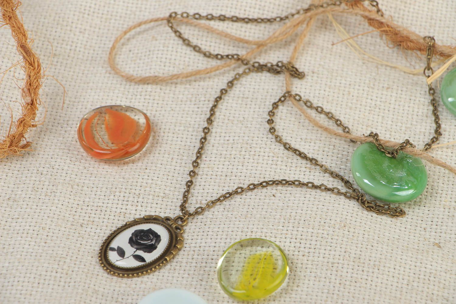 Handmade vintage glass glaze neck pendant with long chain 610 mm photo 1