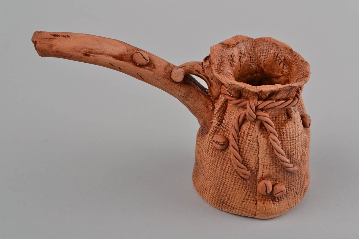 Handmade unusual beautiful ibrik for coffee made of clay with bulk of 150 ml  photo 5