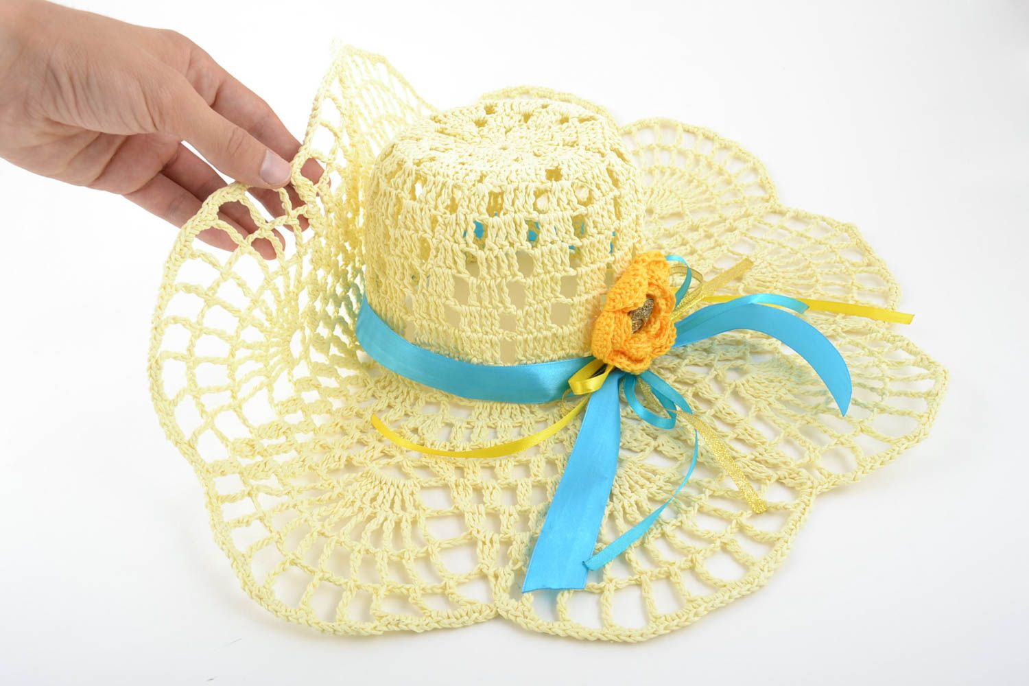 Handmade designer crocheted lacy summer hat with yellow flower and blue ribbon photo 5
