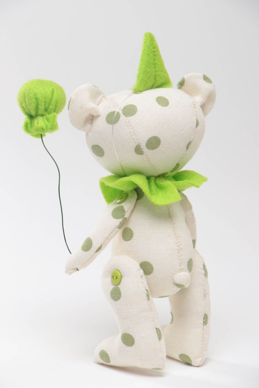 Handmade small light polka dot fabric soft toy bear with green air balloon photo 4