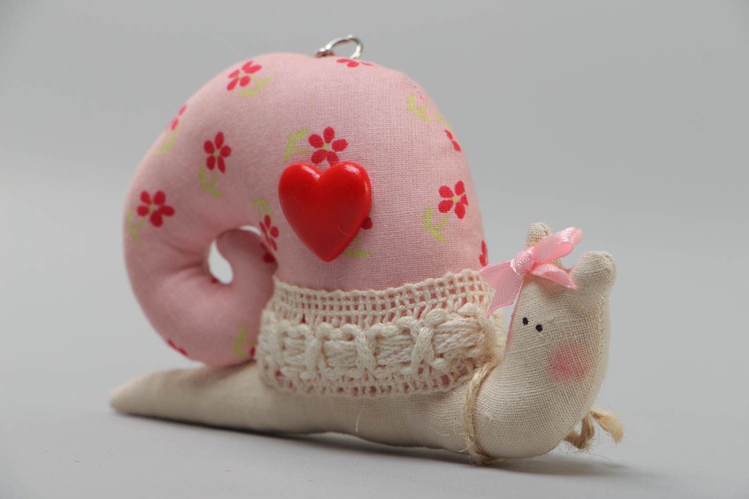 Handmade cotton fabric soft toy keychain in the shape of small snail of pink color photo 2