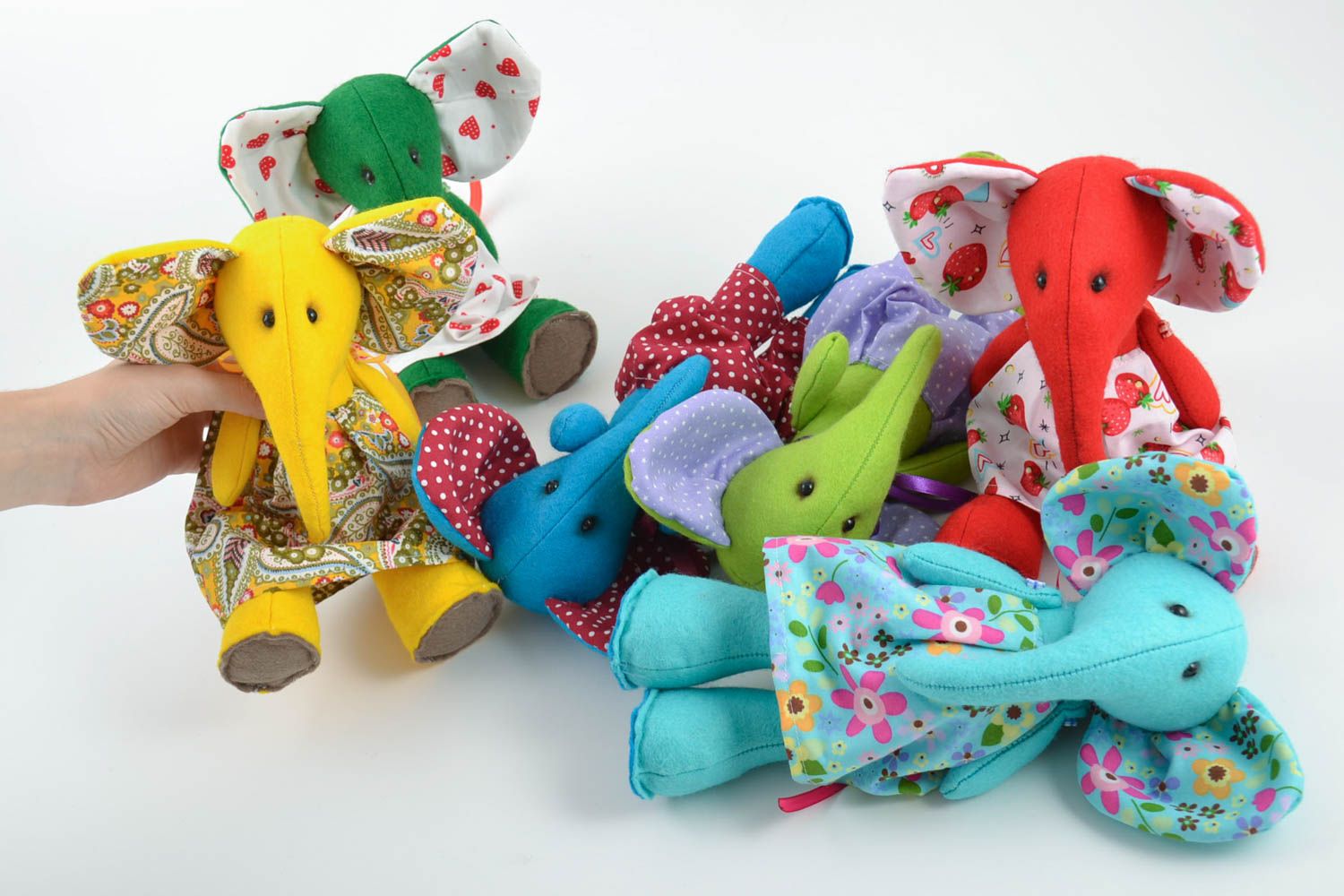 Set of 5 handmade children's fabric soft toys Elephants of different colors photo 5