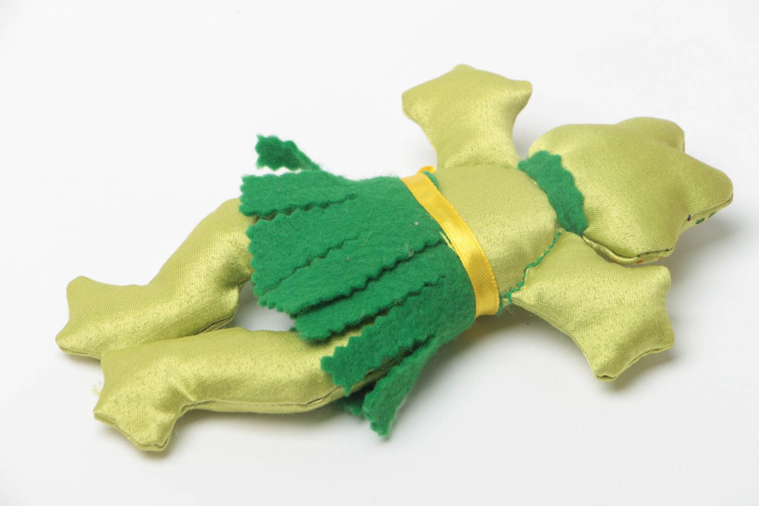 Handmade designer satin fabric soft toy green frog in felt skirt for children photo 4
