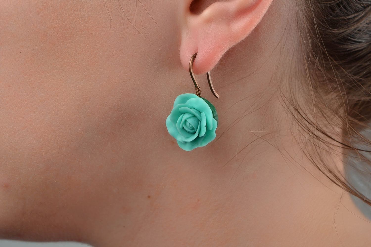 Unusual handmade designer polymer clay flower earrings for girls Blue Roses photo 2