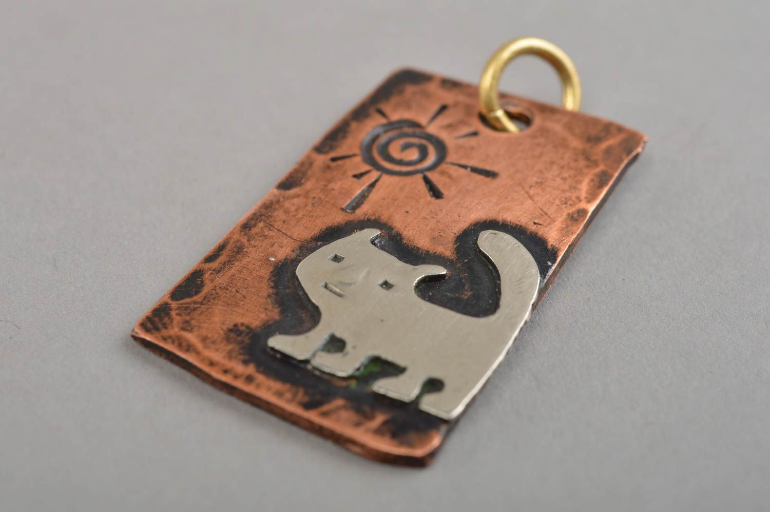 Handmade rectangular pendant made of brass and stainless steel cat for girls photo 5