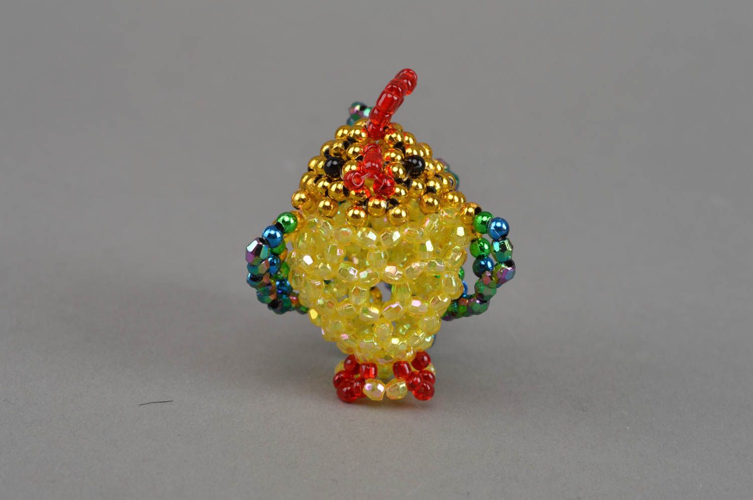 Handmade designer miniature beaded animal figurine of yellow chicken for home photo 3