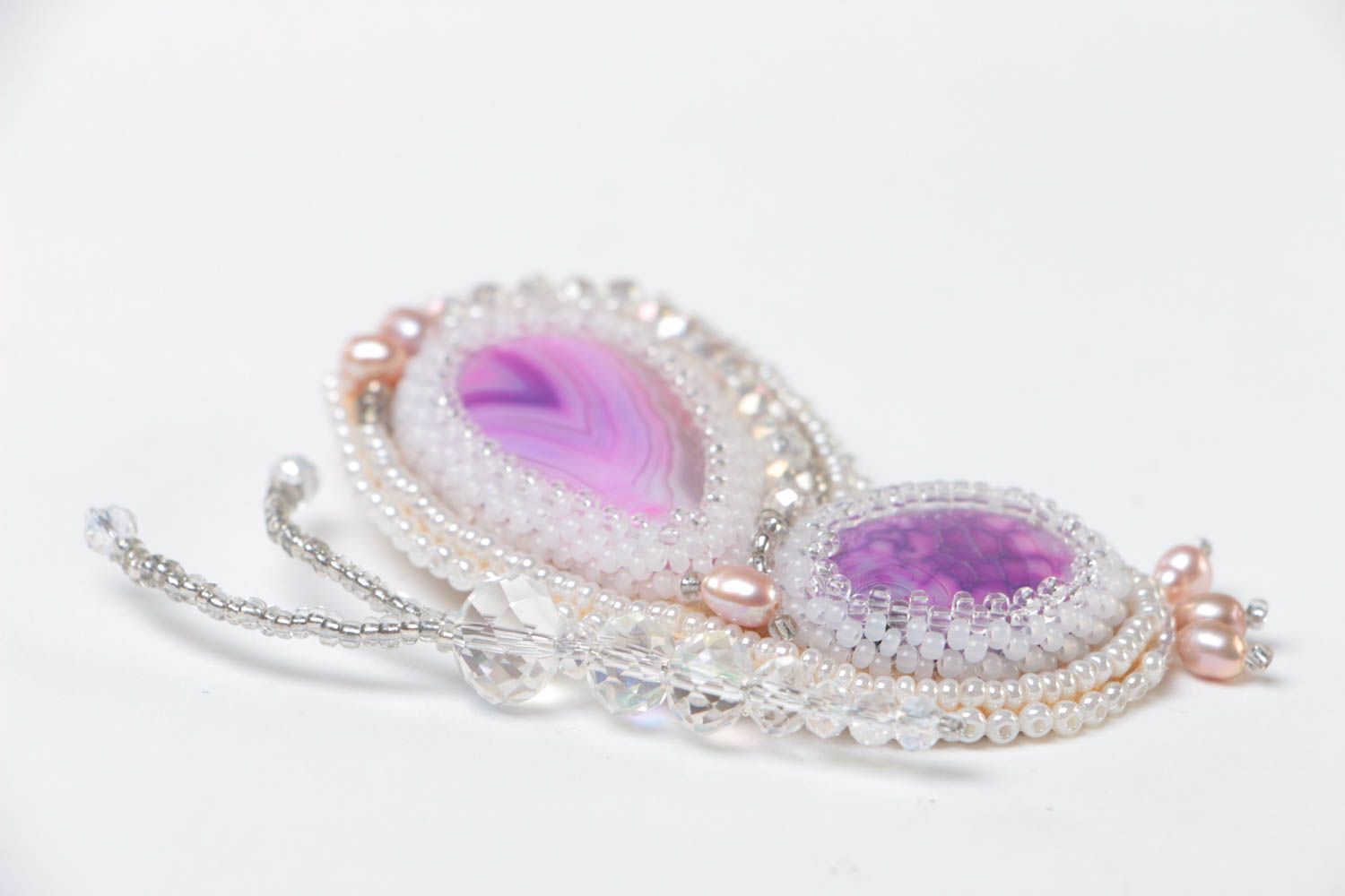 Broche Papillon blanc-violet faite main agate perles naturelles perles rocaille photo 3