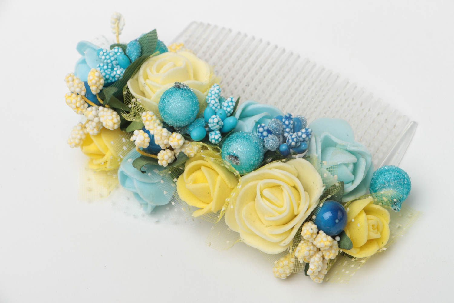 Пластиковый гребень для волос с цветами и ягодами ручной работы красивый фото 2
