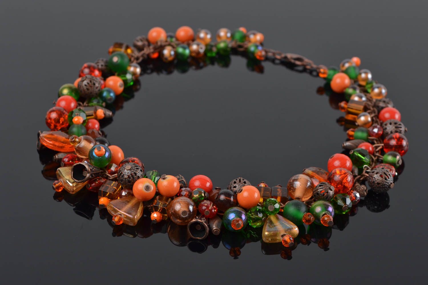 Handmade designer necklace with colorful glass beads in autumn color palette photo 1
