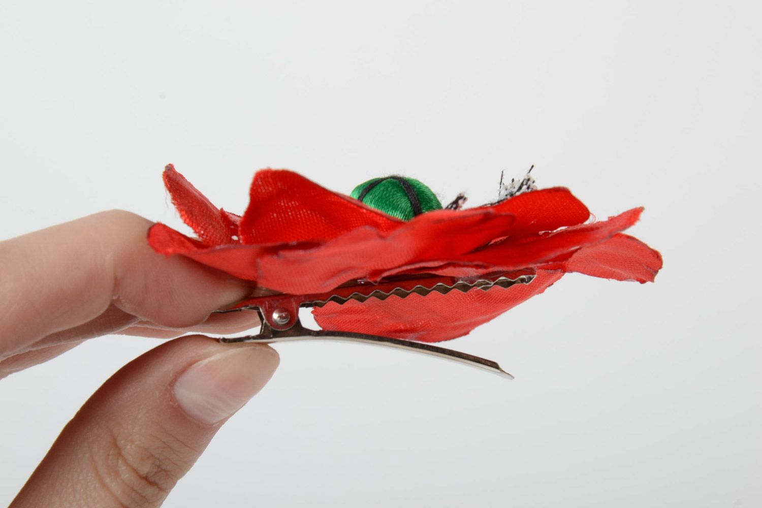 Handmade hair clip with volume red poppy flower made of satin ribbons  photo 3