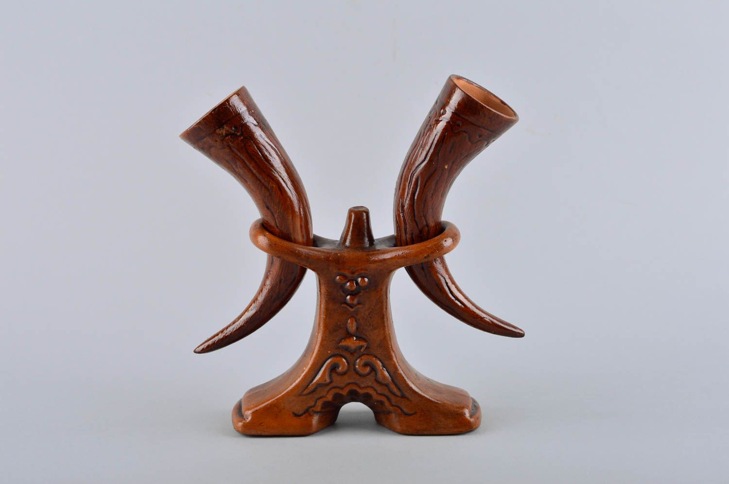 Handmade set of 2 clay drinking horns ceramic festive tableware designer present photo 5