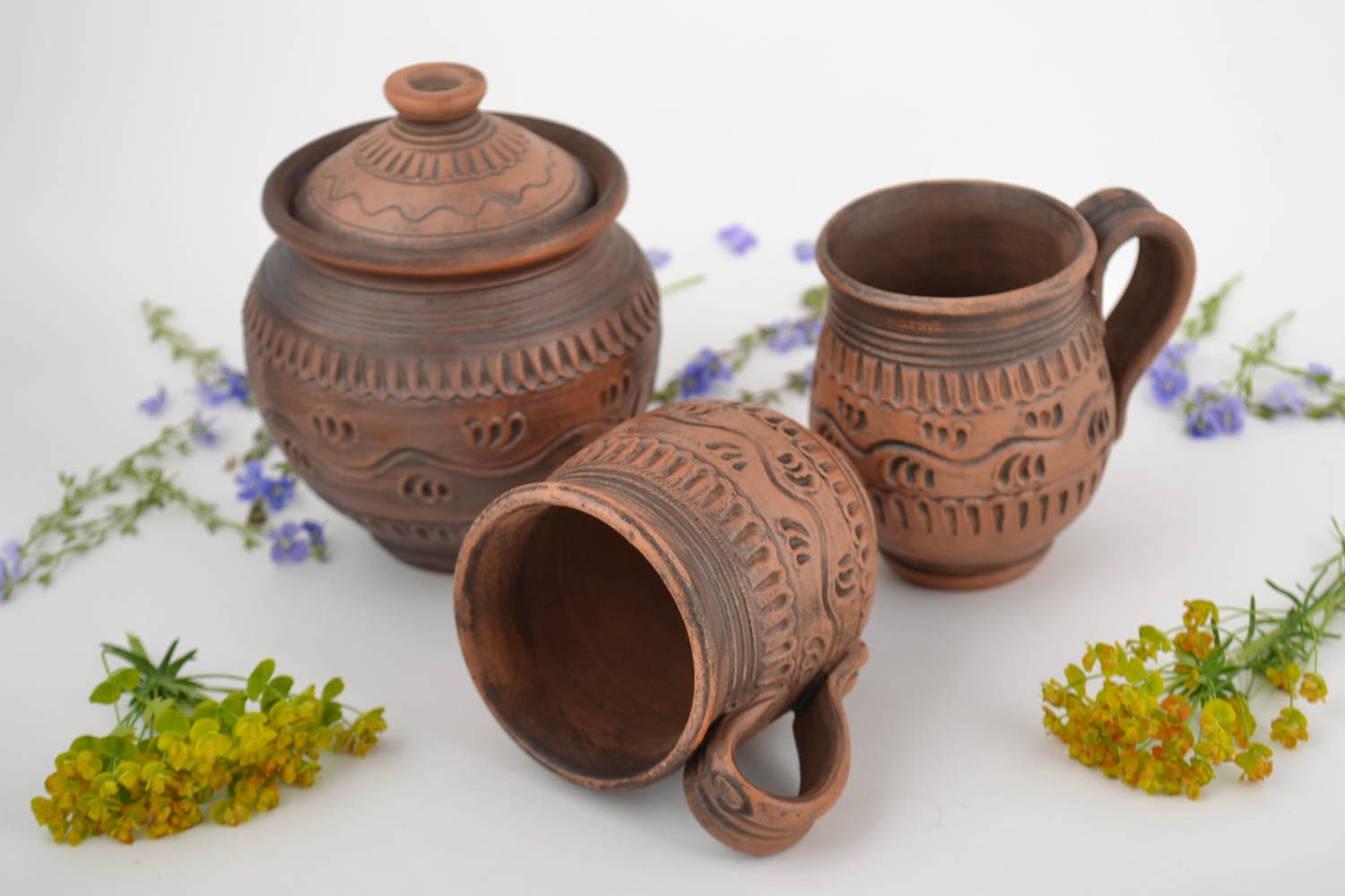 Beautiful handmade designer ceramics set 2 cups 200 ml and 150 ml and sugar bowl photo 1