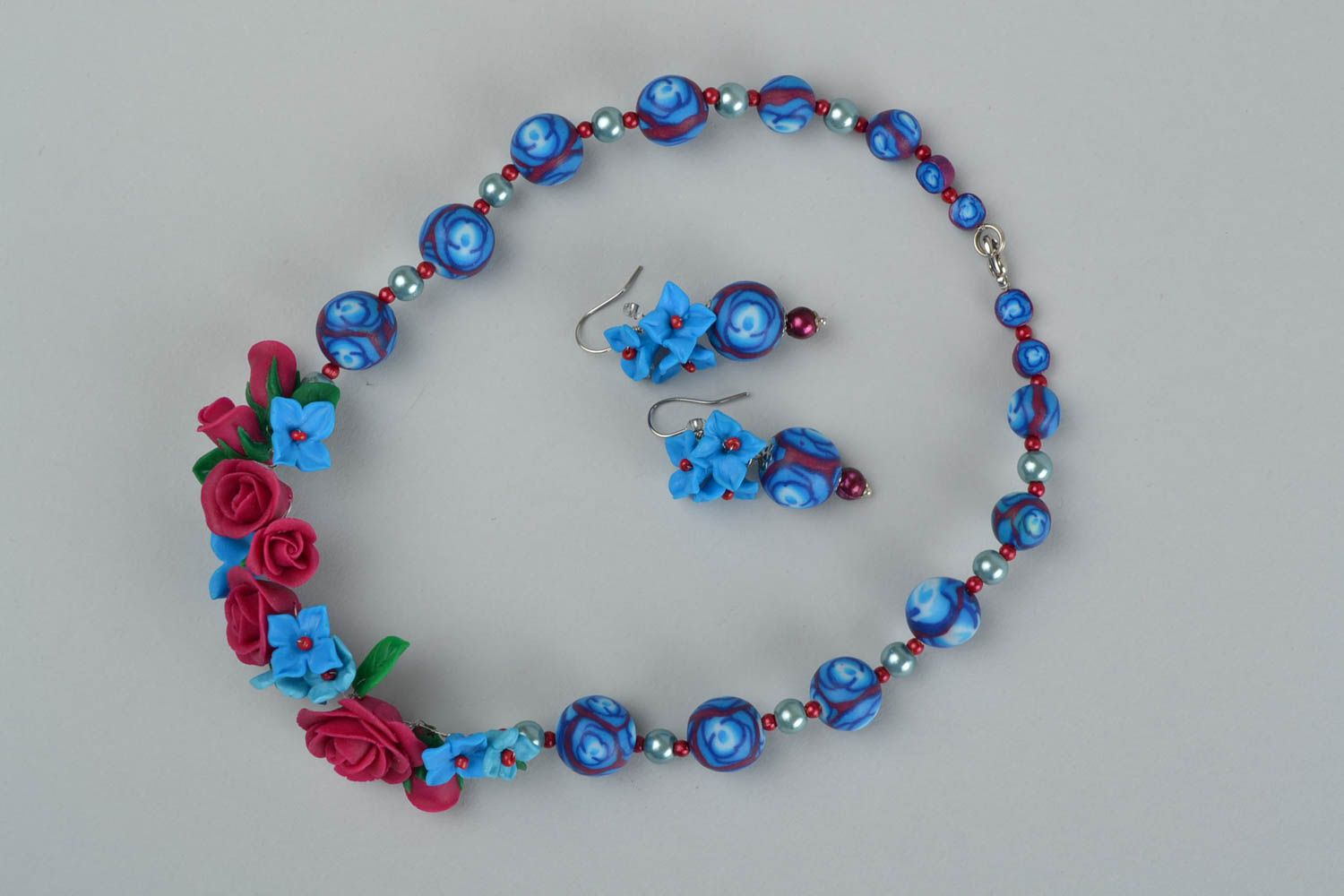 Handmade designer polymer clay jewelry set flower earrings and necklace photo 3
