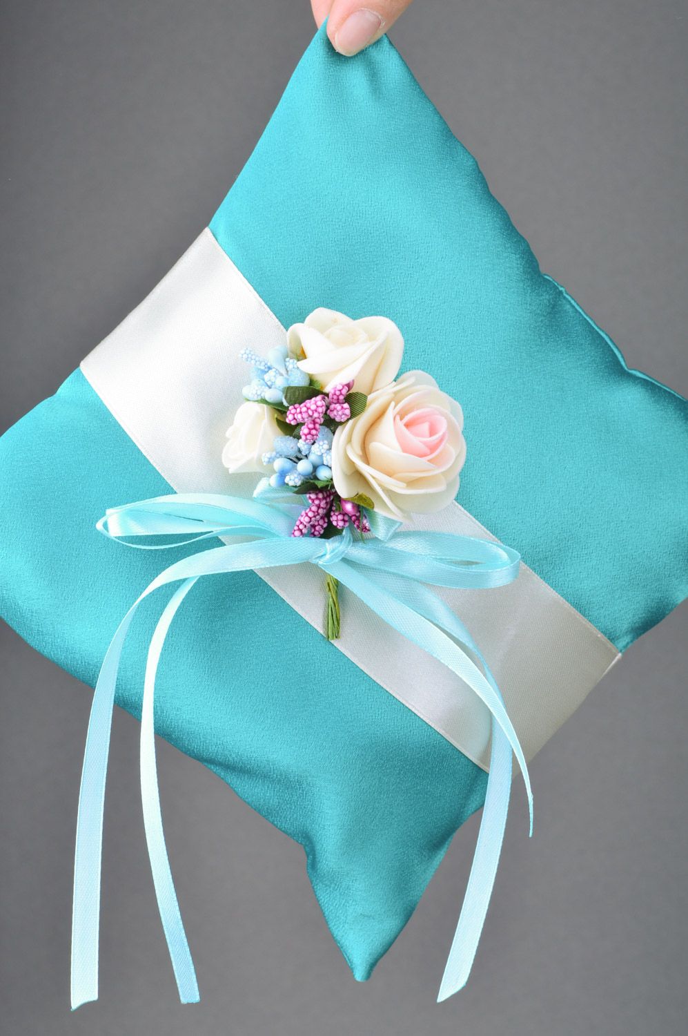 Handmade wedding rings bearer pillow sewn of blue satin with tender flowers  photo 5