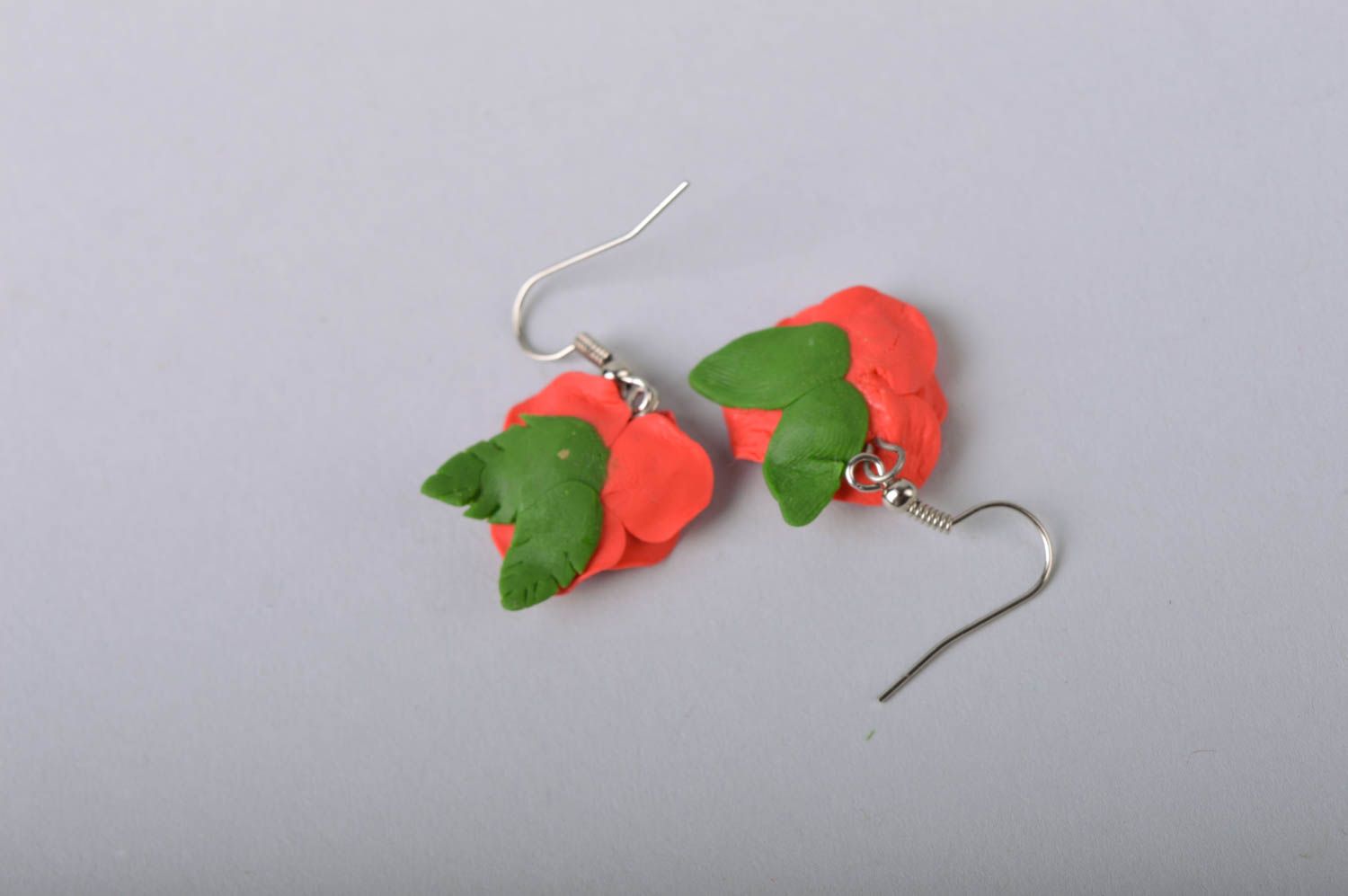 Handmade female big red and green flower earrings made of cold porcelain photo 5