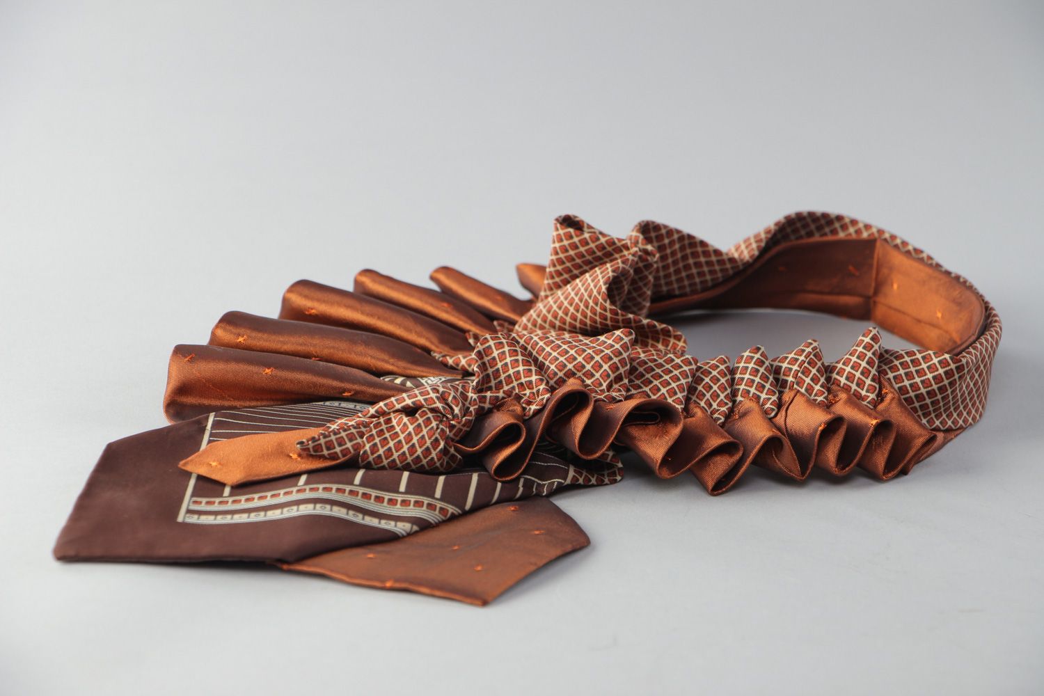 Handmade brown decorative detachable collar sewn of silk and satin neck ties  photo 3