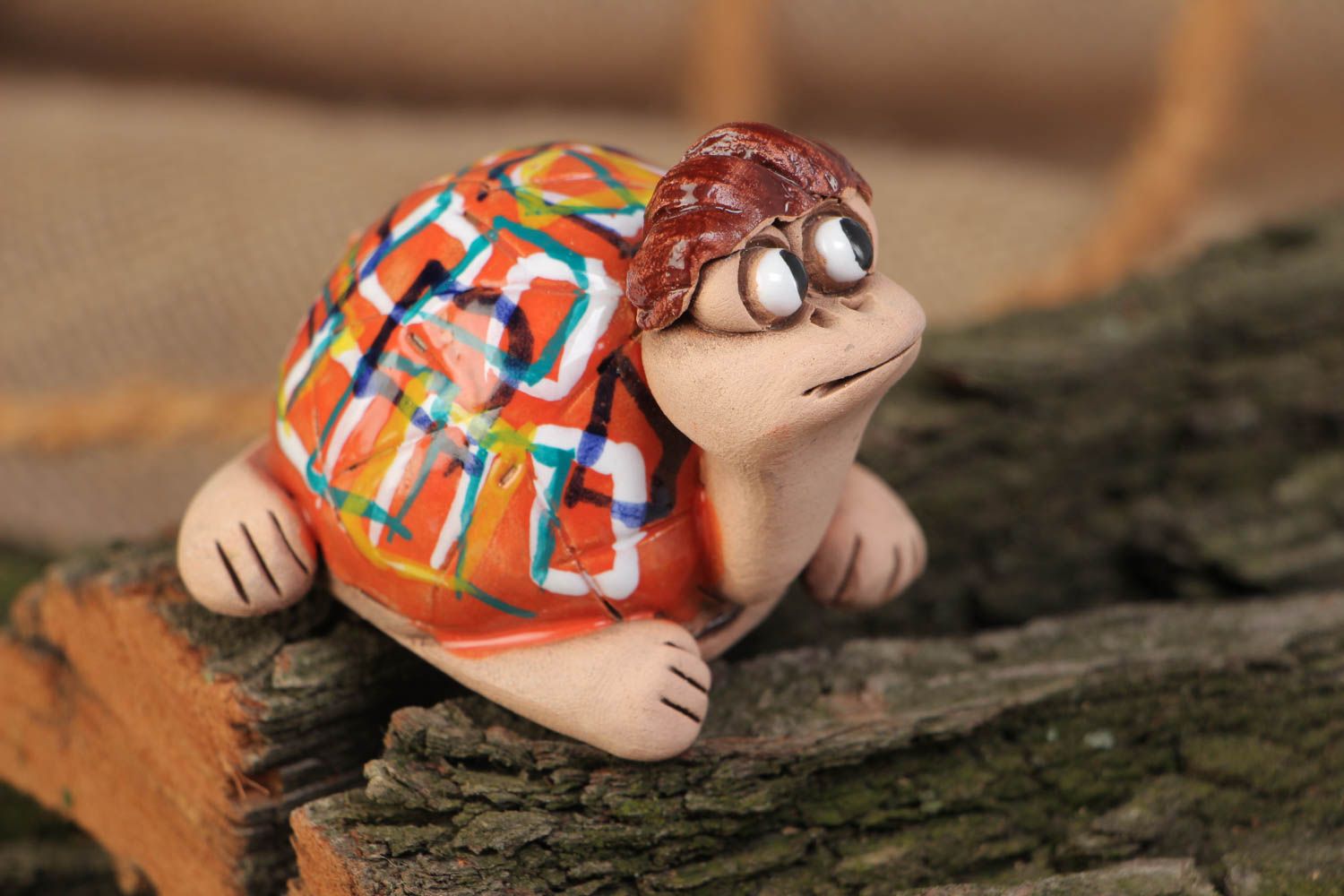 Nice small handmade ceramic statuette of turtle with painting photo 1