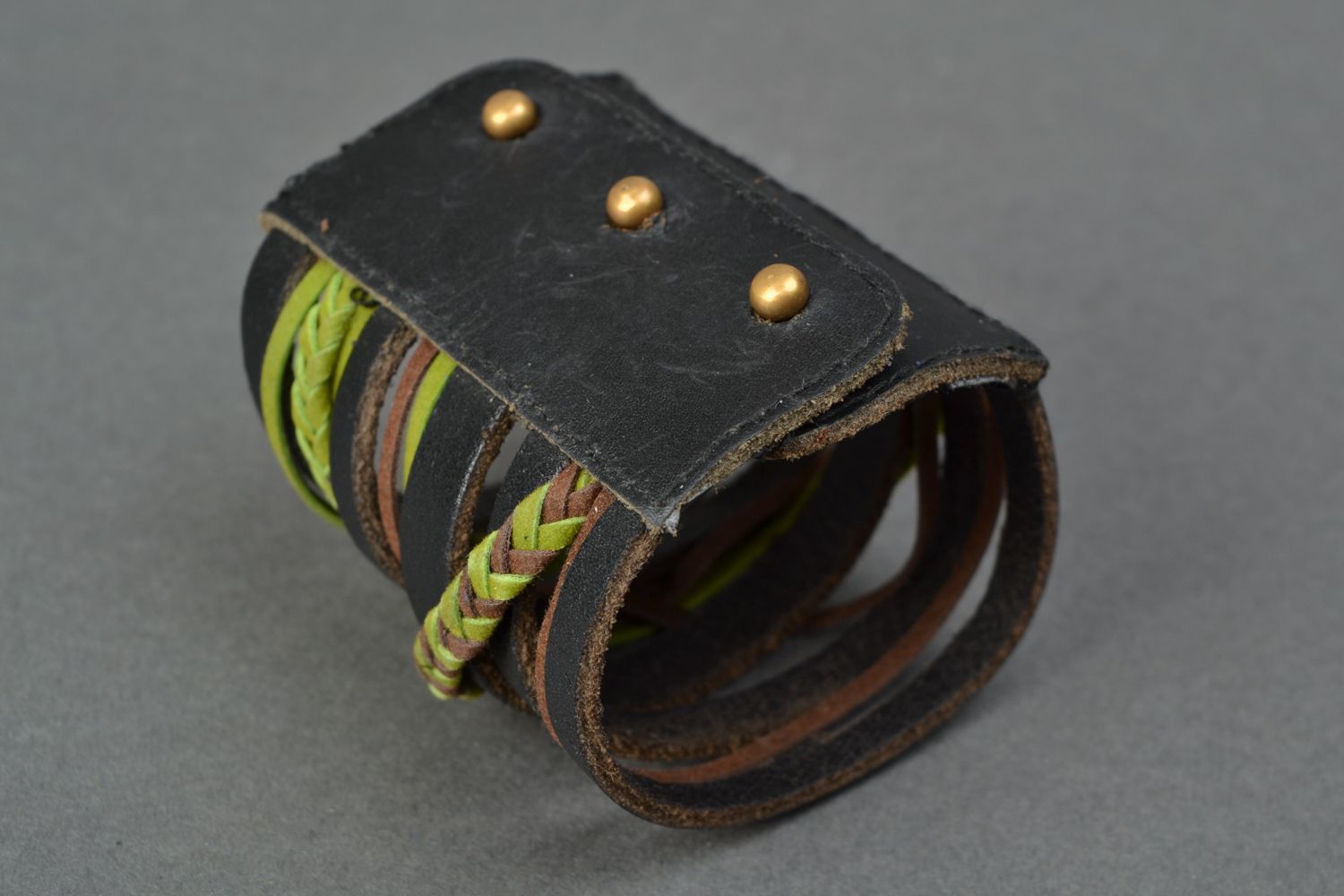 Wide leather bracelet with weaving photo 4