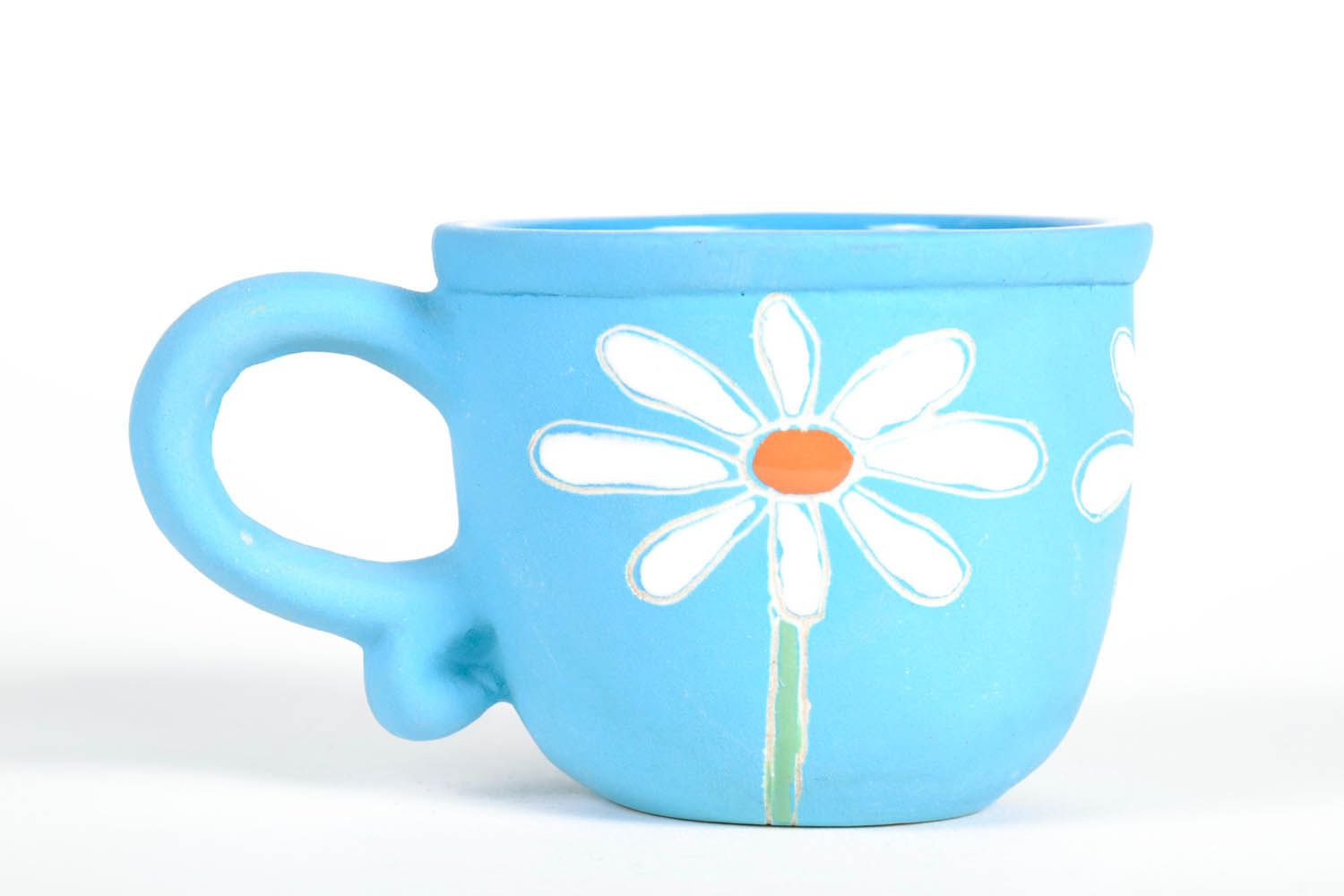 Art ceramic cup Camomile in blue and white color with handle photo 5