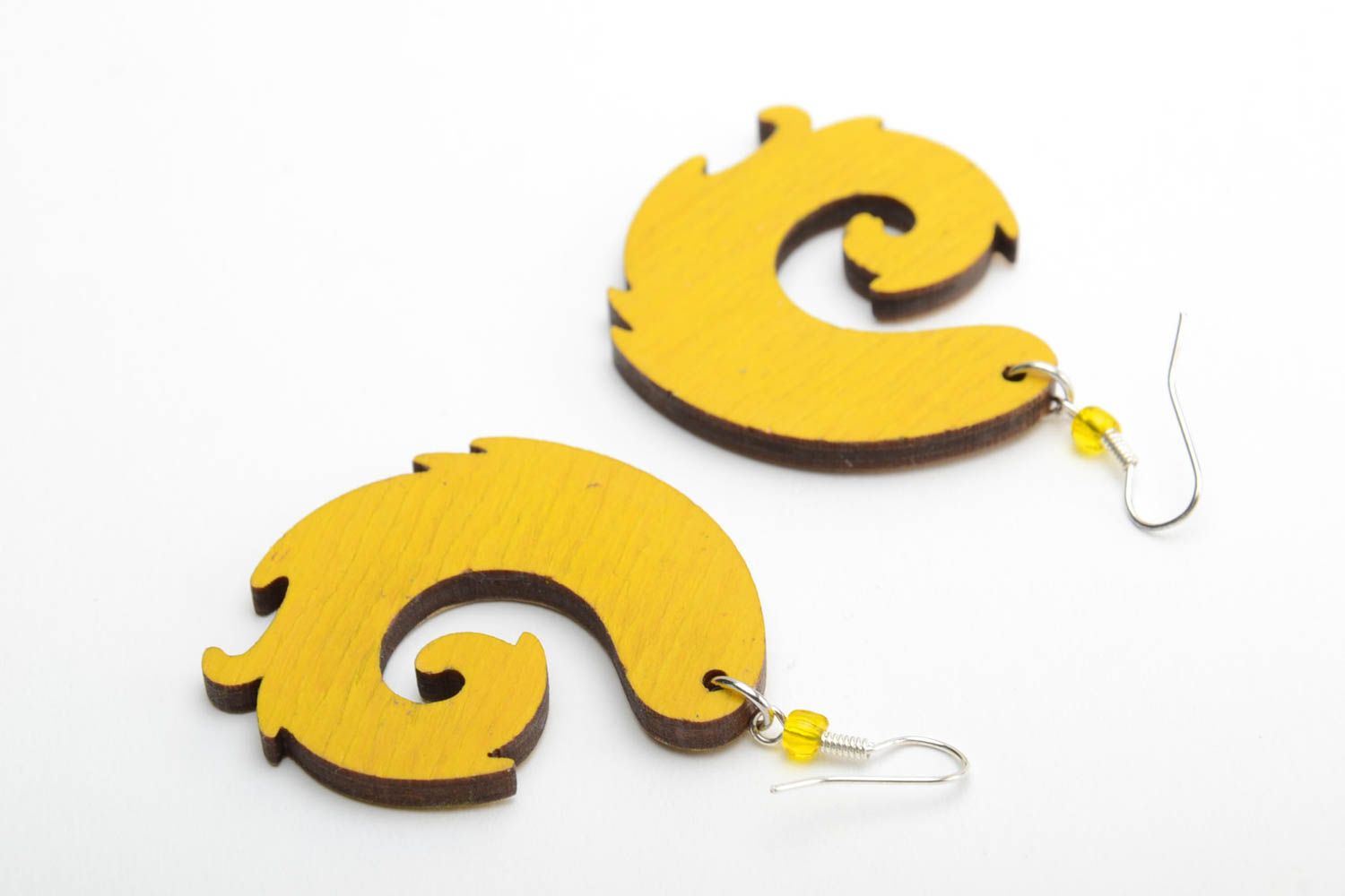 Handmade designer bright painted plywood dangling earrings in yellow color shade photo 4