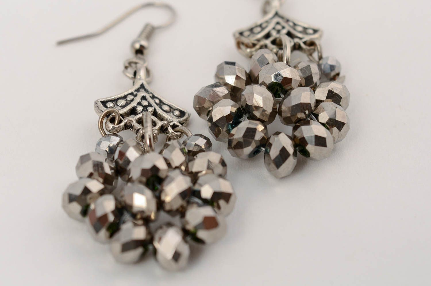 Handmade designer crystal earrings with charms beautiful gray evening accessory photo 4