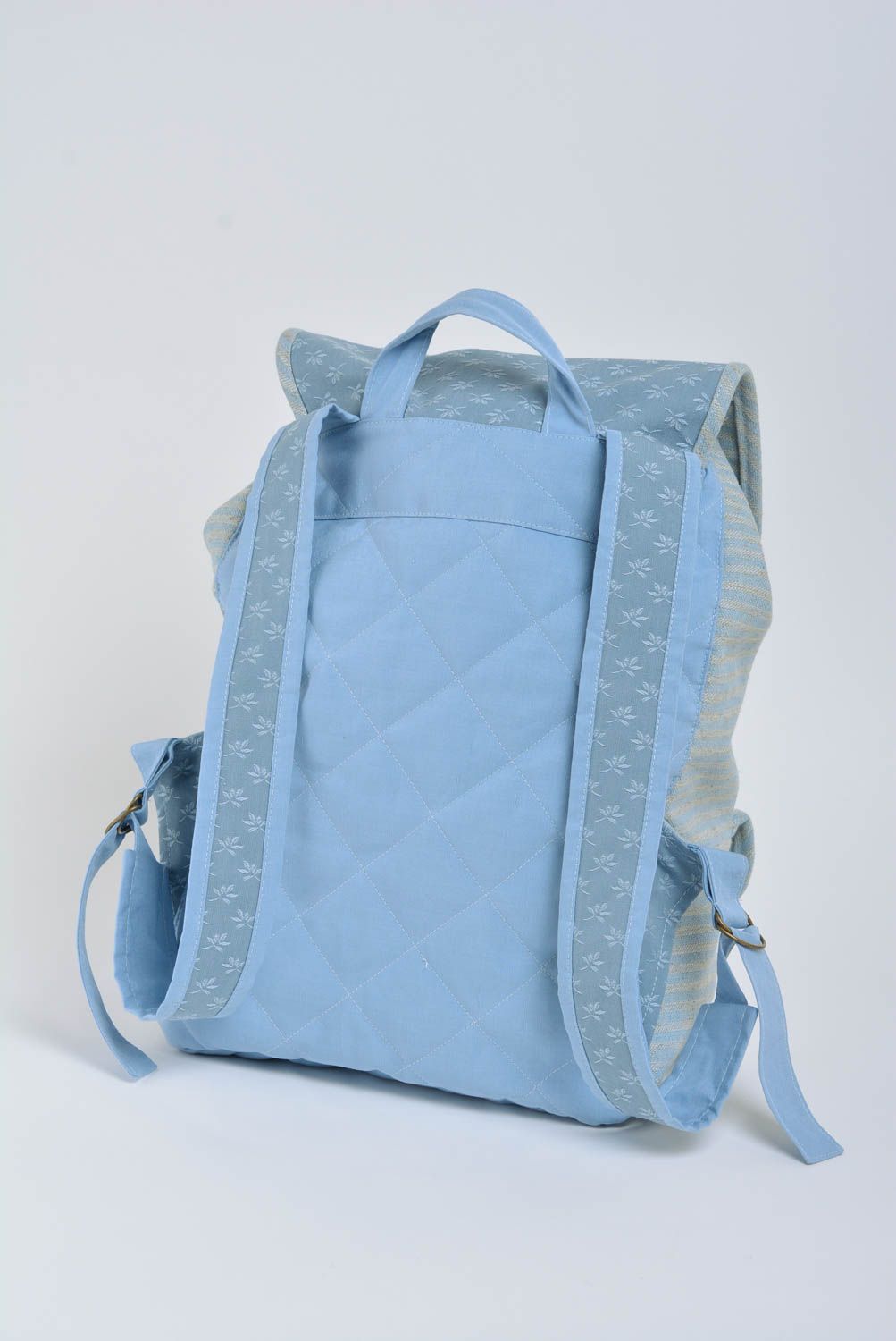Handmade designer backpack sewn of cotton fabric of blue color with two pockets photo 2