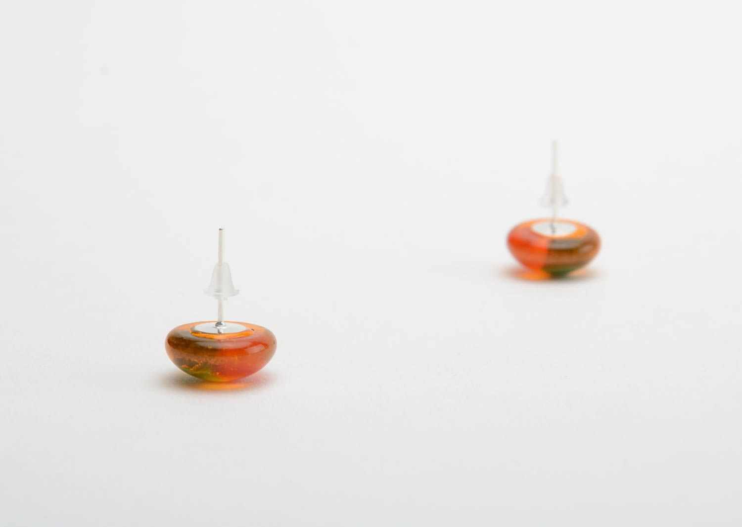 Handmade transparent orange stud earrings made using glass fusing technique photo 4